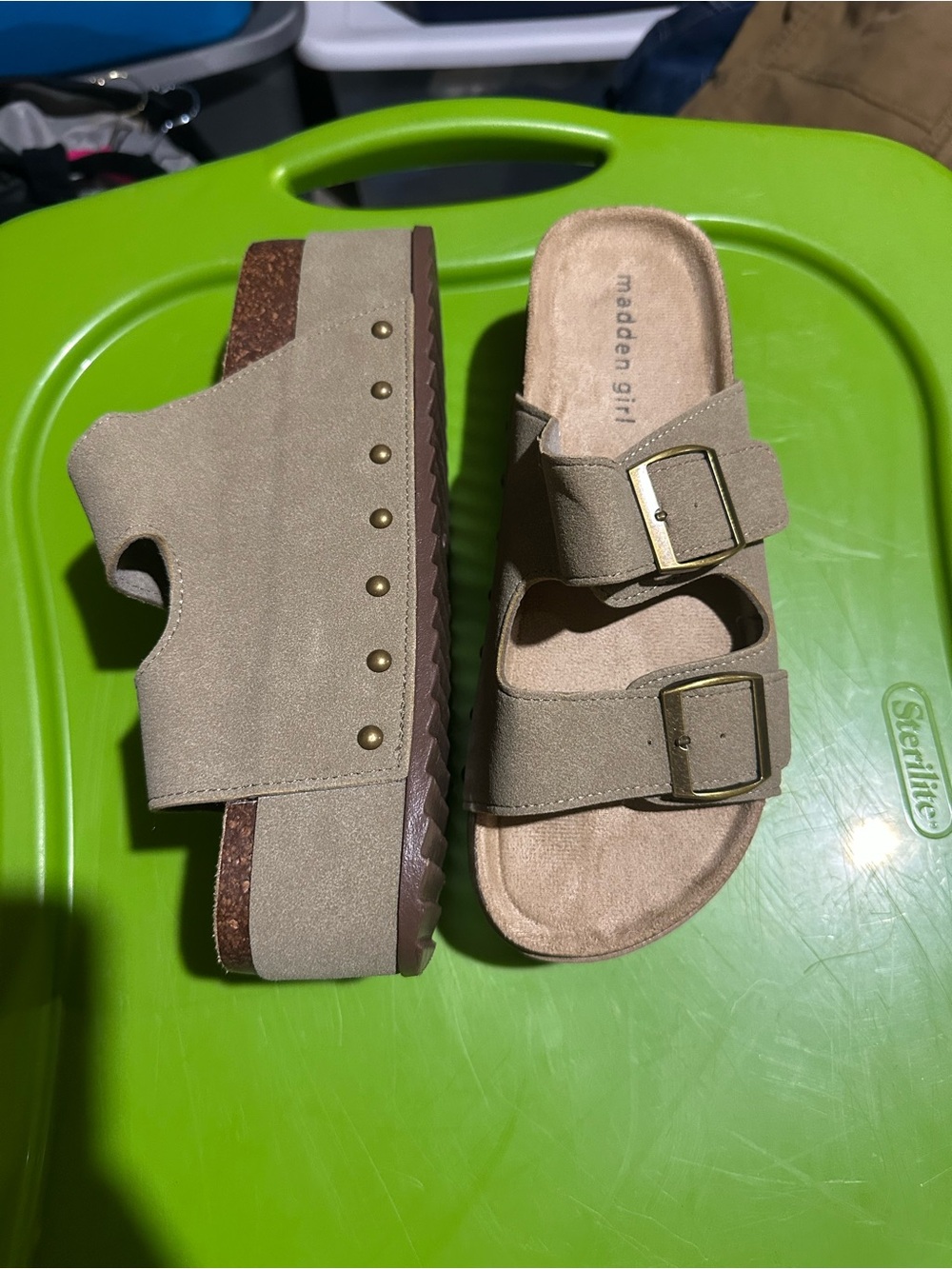 Madden Girl Tan Suede Double-Buckle Slide Sandals